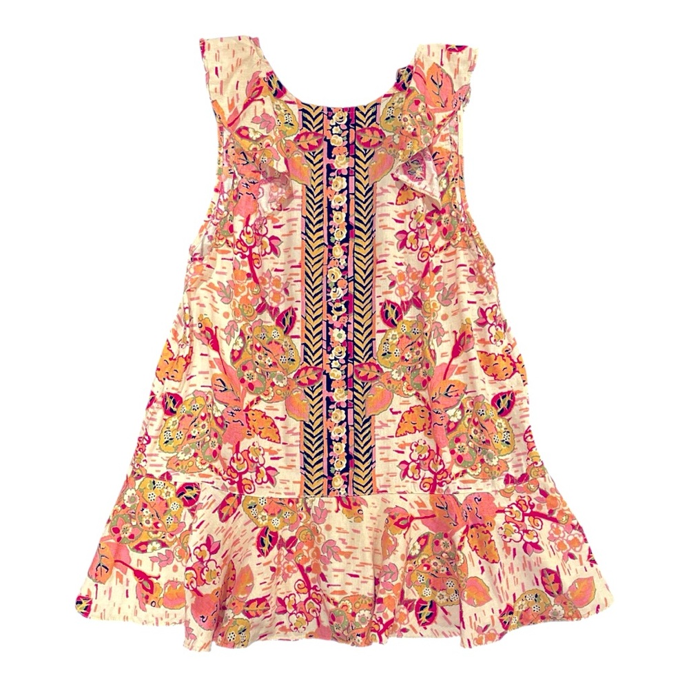 Free People Tulum Mini Dress/Tunic Medium Pink Floral Linen Sleeveless Popover